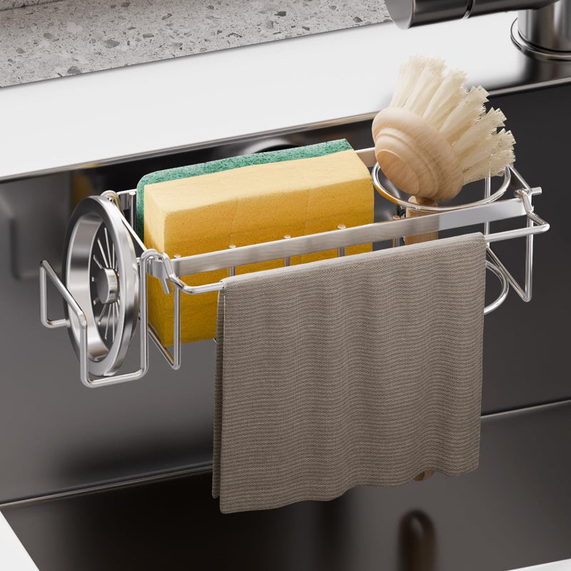 TAILI Sponge Holder with Strong Suction Cup, 4-in-1 Rustproof Sink Organizer - Sink Caddy Holds Sponges, Brushes, Stoppers & Scrapers -Silver - Image 1