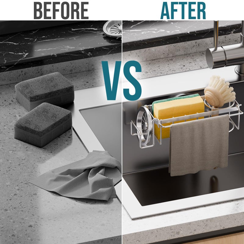 TAILI Sponge Holder with Strong Suction Cup, 4-in-1 Rustproof Sink Organizer - Sink Caddy Holds Sponges, Brushes, Stoppers & Scrapers -Silver - Image 4