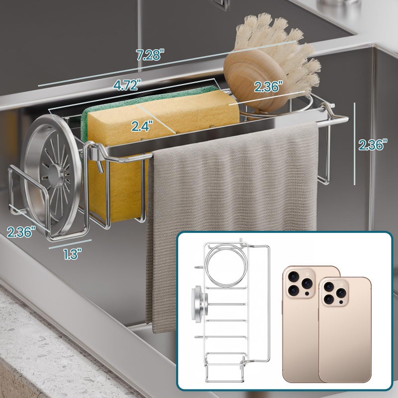 TAILI Sponge Holder with Strong Suction Cup, 4-in-1 Rustproof Sink Organizer - Sink Caddy Holds Sponges, Brushes, Stoppers & Scrapers -Silver - Image 2
