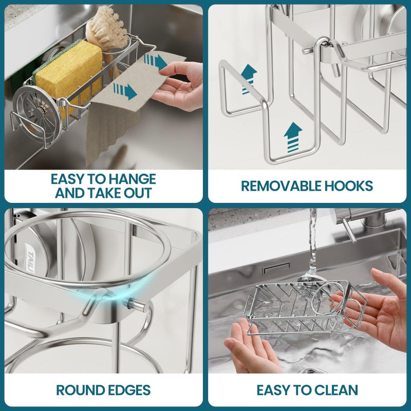 TAILI Sponge Holder with Strong Suction Cup, 4-in-1 Rustproof Sink Organizer - Sink Caddy Holds Sponges, Brushes, Stoppers & Scrapers -Silver - Image 5