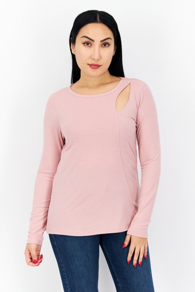 Cooper & Ella Women Crew Neck Long Sleeve Textured Top, Pink - Image 1