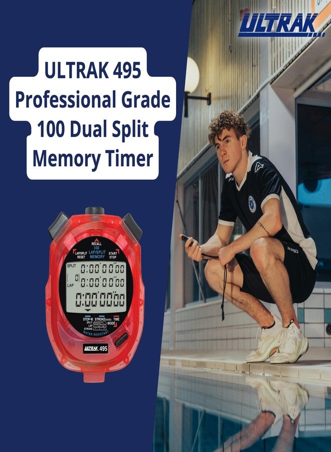 ألتراك ساعة توقيت ULTRAK 495 - حمراء احترافية، مؤقت رقمي لـ 100 لفة، متتبع فترات العد التنازلي، ساعة رياضية مقاومة للماء، كرونوغراف للتدريب والتوجيه - Image 2