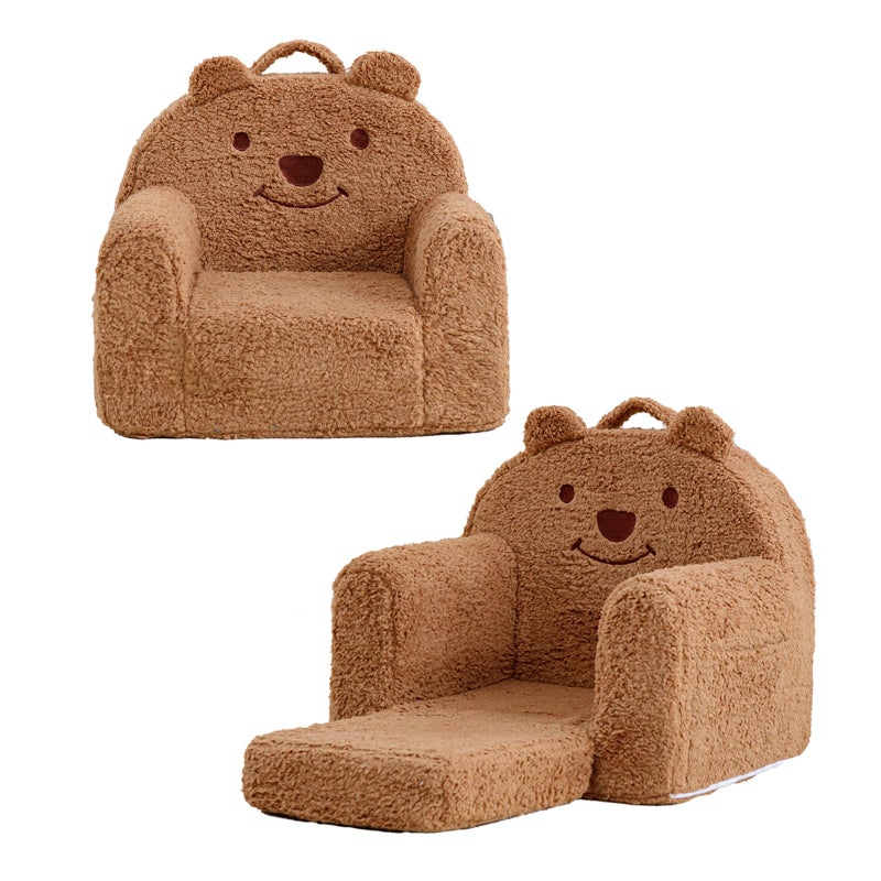 Kisdsa Toddler Chair,Sherpa Bear Toddler Couch Fold Out,Children Reading Chair,Flip Out Kids Couch,Kids Sofa Convertible for Age 1-3(Brown Bear) - Image 1