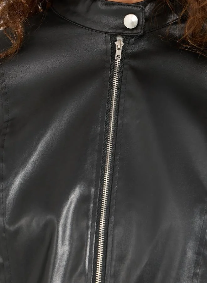 Styli Regular Fit Short Length Leather Look Biker Jacket