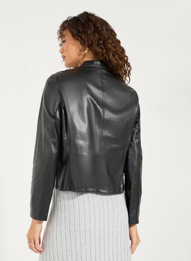 Styli Regular Fit Short Length Leather Look Biker Jacket