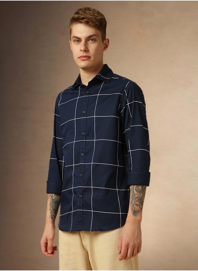 Dennis Lingo Men's Navy 100% Cotton Checkered Button Down Regular FiT-Shirt  - Image 2