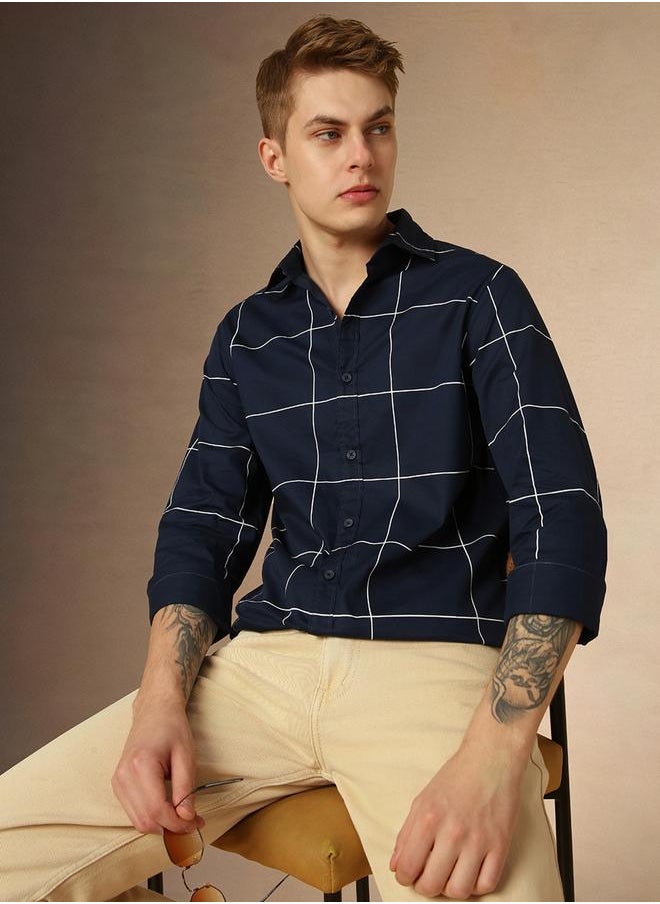 Dennis Lingo Men's Navy 100% Cotton Checkered Button Down Regular FiT-Shirt  - Image 1