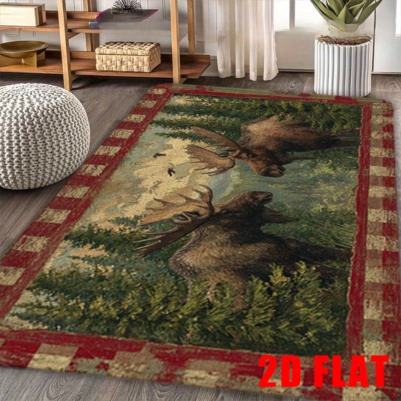 1pc Rustic Lodge Flannel Mat with Majestic Moose and Pine Forest Design 31.5in X 47.2in Non Slip Machine Washable Bathroom Mat for Cozy Cabin Decor Living Room Bedroom Entryway - Image 1