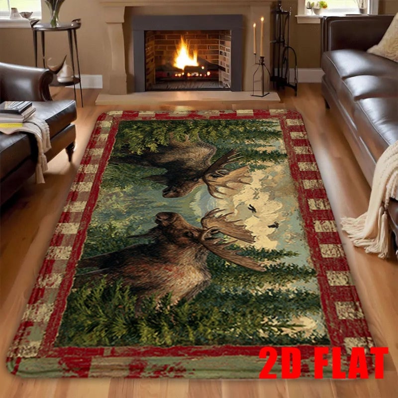1pc Rustic Lodge Flannel Mat with Majestic Moose and Pine Forest Design 31.5in X 47.2in Non Slip Machine Washable Bathroom Mat for Cozy Cabin Decor Living Room Bedroom Entryway - Image 2
