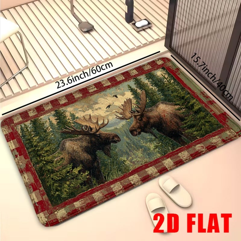 1pc Rustic Lodge Flannel Mat with Majestic Moose and Pine Forest Design 31.5in X 47.2in Non Slip Machine Washable Bathroom Mat for Cozy Cabin Decor Living Room Bedroom Entryway - Image 3