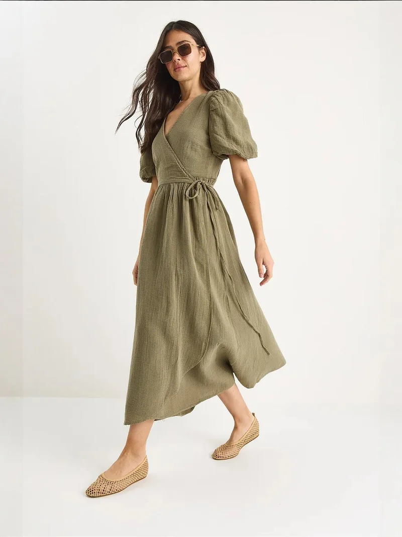 Bianco Lucci Khaki Green LUCCI Textured V-neck Midi Dress with Wrap Closure for Women | Best Price UAE