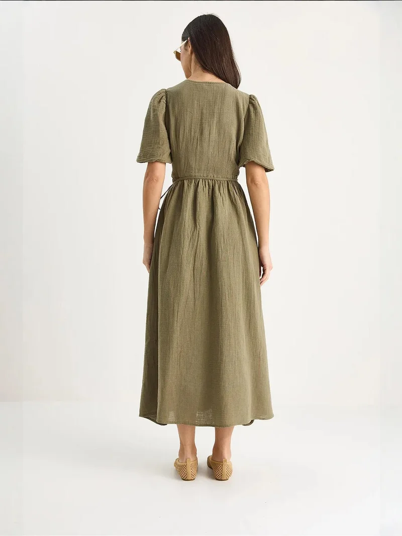 Bianco Lucci Khaki Green LUCCI Textured V-neck Midi Dress with Wrap Closure for Women | Best Price UAE