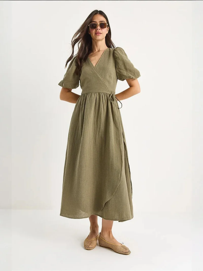 Bianco Lucci Khaki Green LUCCI Textured V-neck Midi Dress with Wrap Closure for Women | Best Price UAE
