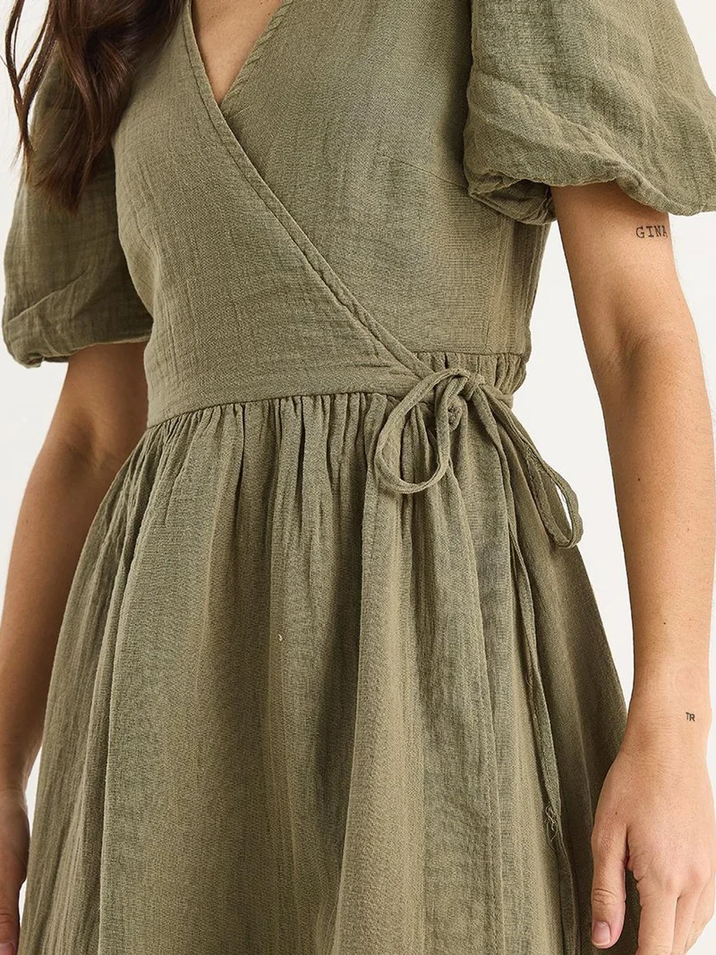 Bianco Lucci Khaki Green LUCCI Textured V-neck Midi Dress with Wrap Closure for Women | Best Price UAE