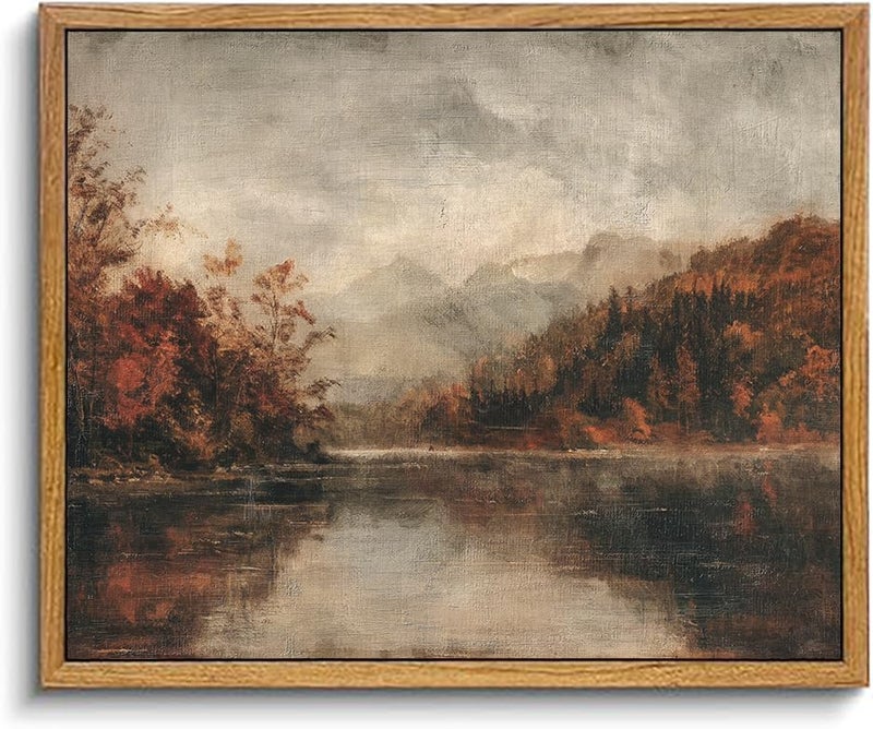 KBKBART Framed Wall Art Vintage Decor Vintage Rustic Fall Lake Landscape Oil Painting Moody Autumn Canvas Artwork Decor Vintage Fall Scenery Wall Art Prints for Bedroom Living Room Bathroom Gallery Gifts for Friends or Family 8x10