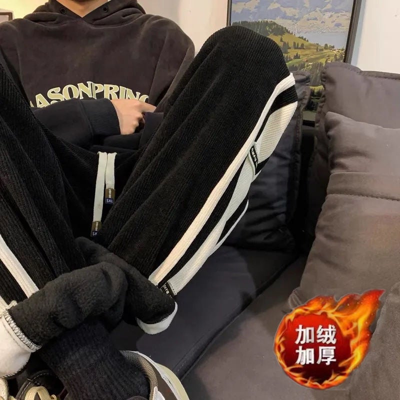 Corduroy pants mens winter loose wide-leg leggings fleece-lined thick High Street ins straight casual pants women Dark gray - Image 3