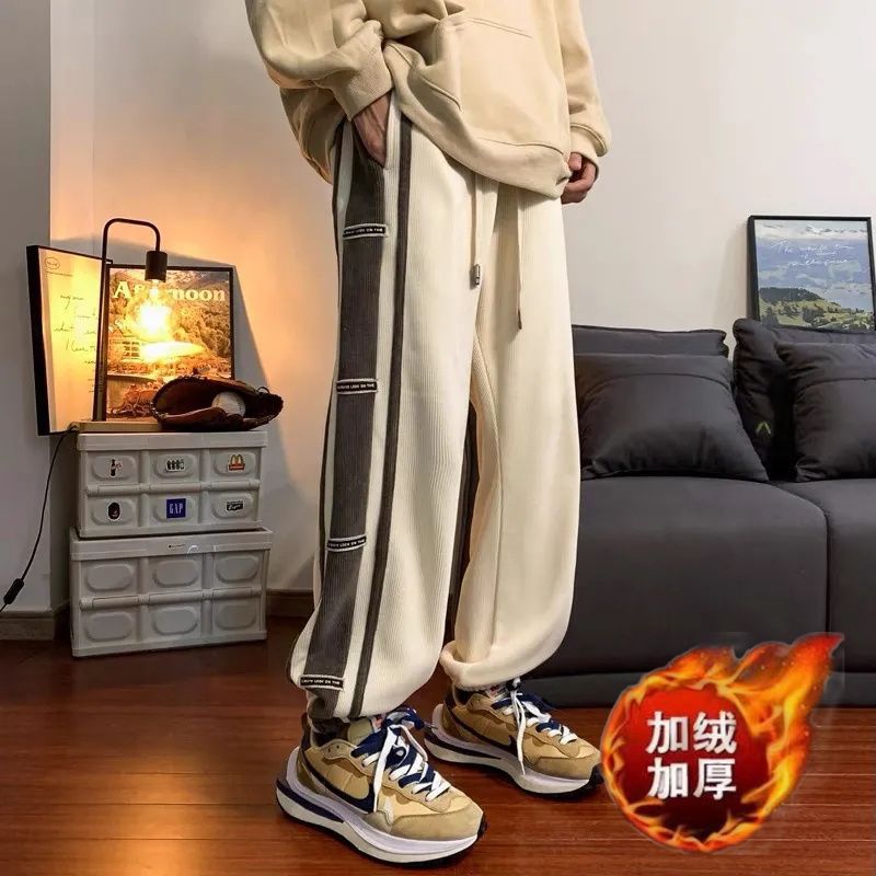 Corduroy pants mens winter loose wide-leg leggings fleece-lined thick High Street ins straight casual pants women Dark gray - Image 2