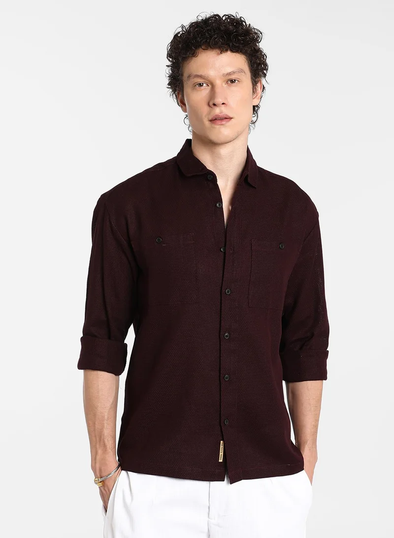 Campus Sutra Men's Burgundy Red Solid Utility Shirt