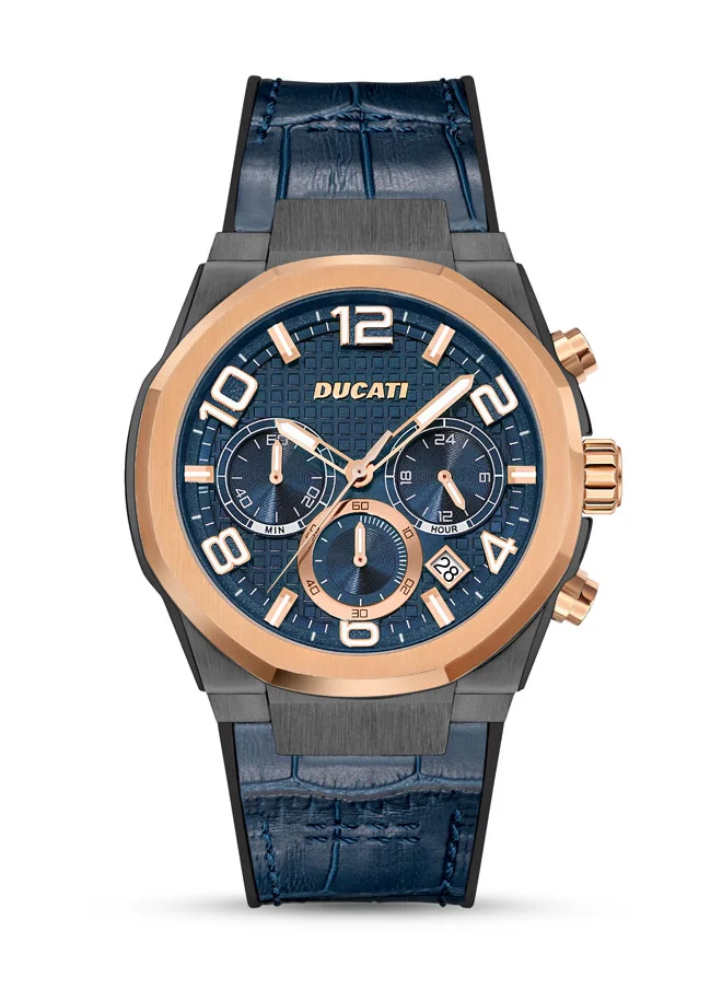 Ducati Ducati DT006 Gents Chronograph Watch - 43.5MM Multi-Layered Blue Dial, Blue Leather Strap with Silicone Base, Water Resistant up to 50M, Bold Rose-Gold Accents for Racing Enthusiasts