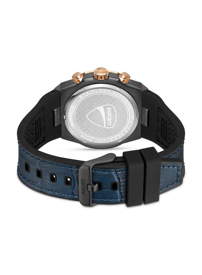 Ducati DT006 Gents Chronograph Watch - 43.5MM Multi-Layered Blue Dial, Blue Leather Strap with Silicone Base, Water Resistant up to 50M, Bold Rose-Gold Accents for Racing Enthusiasts - Image 3