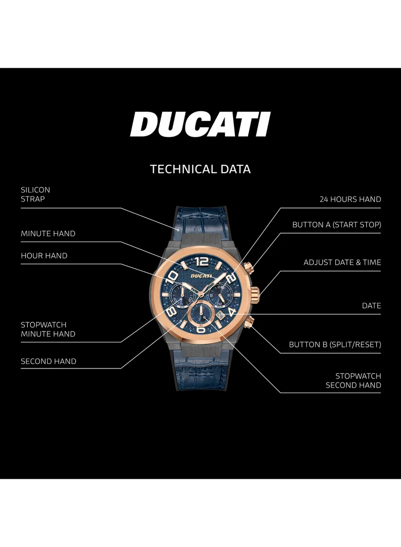Ducati Ducati DT006 Gents Chronograph Watch - 43.5MM Multi-Layered Blue Dial, Blue Leather Strap with Silicone Base, Water Resistant up to 50M, Bold Rose-Gold Accents for Racing Enthusiasts