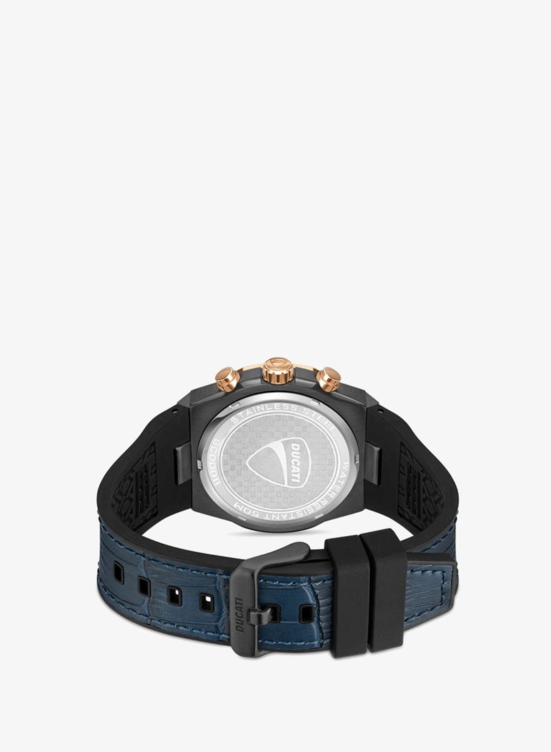 Ducati DT006 Gents Chronograph Watch - 43.5MM Multi-Layered Blue Dial, Blue Leather Strap with Silicone Base, Water Resistant up to 50M, Bold Rose-Gold Accents for Racing Enthusiasts - Image 3