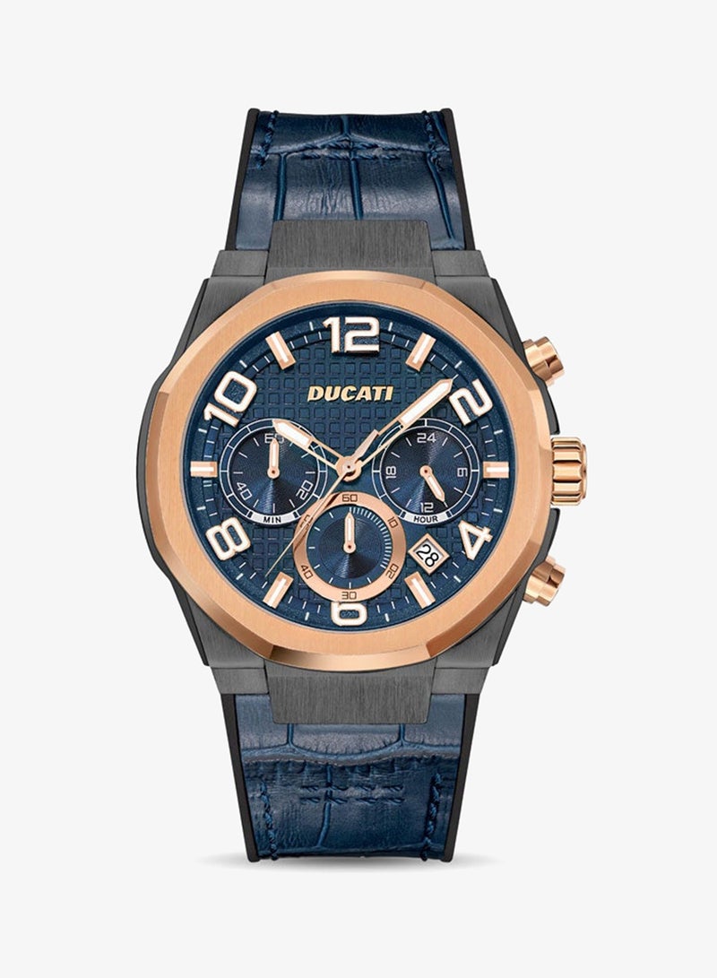 Ducati DT006 Gents Chronograph Watch - 43.5MM Multi-Layered Blue Dial, Blue Leather Strap with Silicone Base, Water Resistant up to 50M, Bold Rose-Gold Accents for Racing Enthusiasts - Image 1