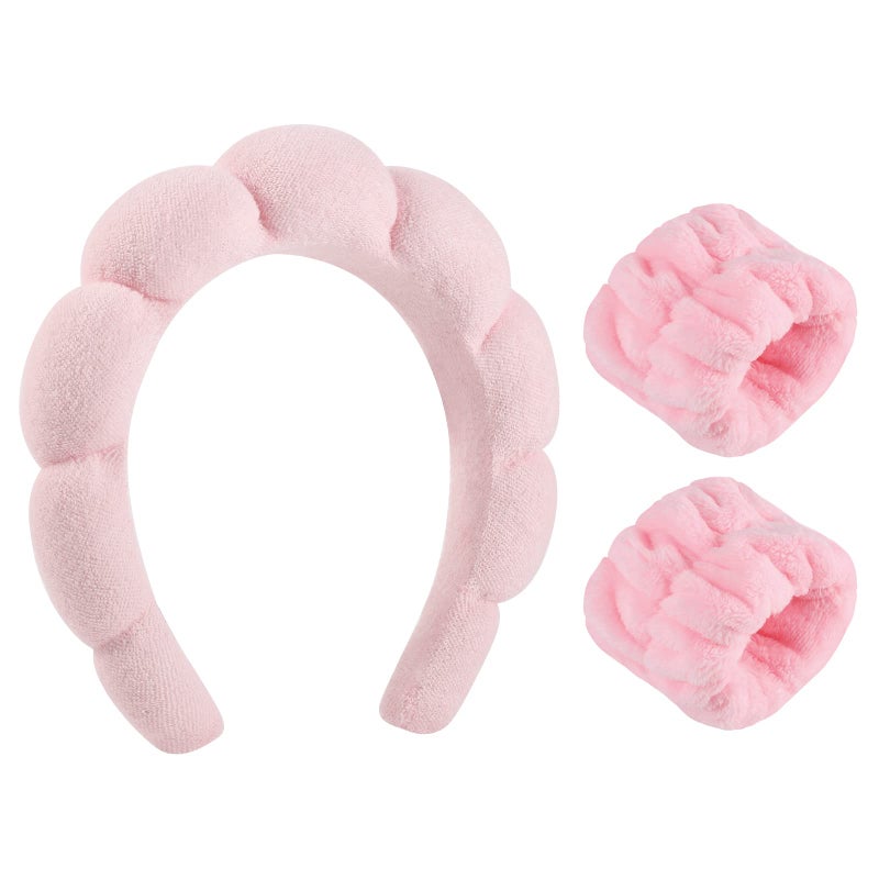 Sponge Spa Headband for Women Makeup Headband and Wrist Washband Set Pink Skincare Headband for Face WashingTeen Girl Pink Gifts Valentines Day Trendy Stuff