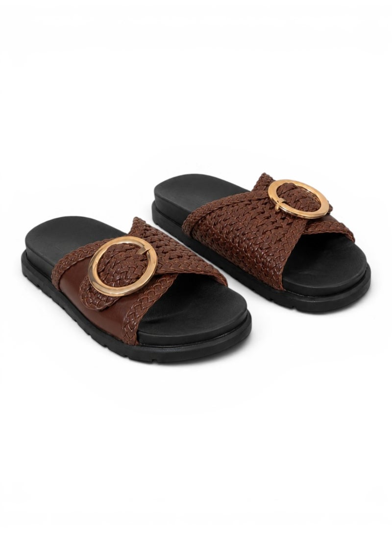LIFESTYLISH Flat leather slippers With a braided design SL-236 - Brown - Image 2