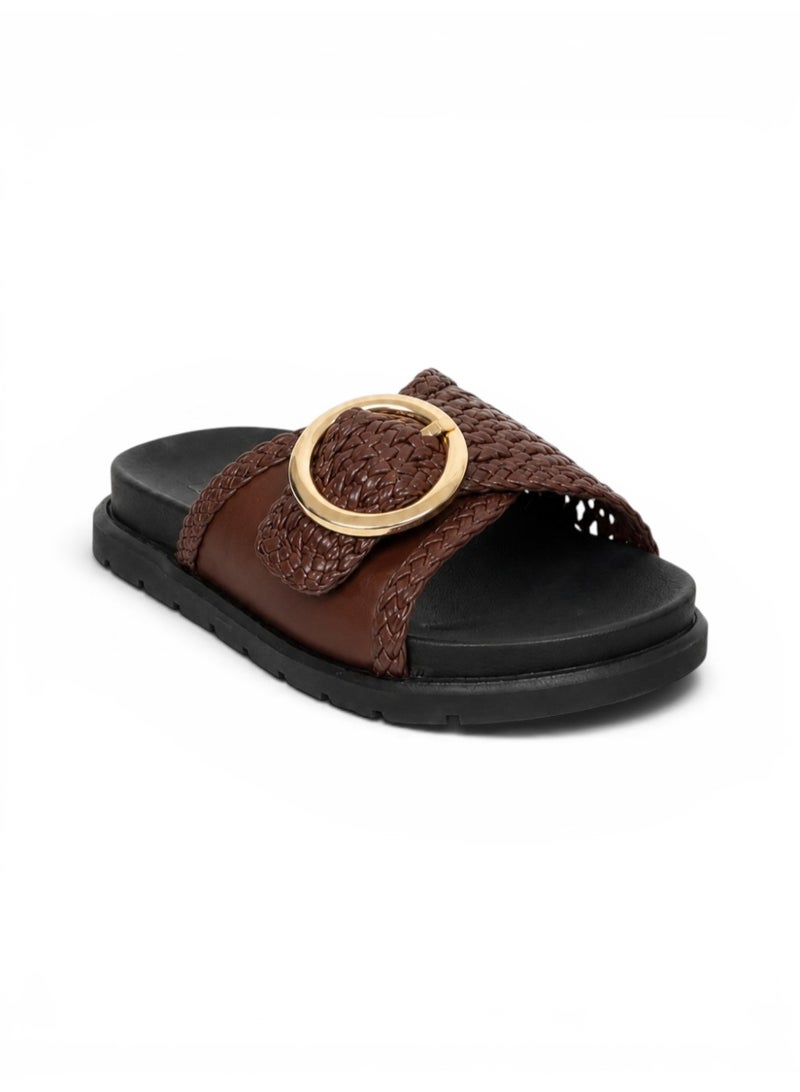 LIFESTYLISH Flat leather slippers With a braided design SL-236 - Brown - Image 4