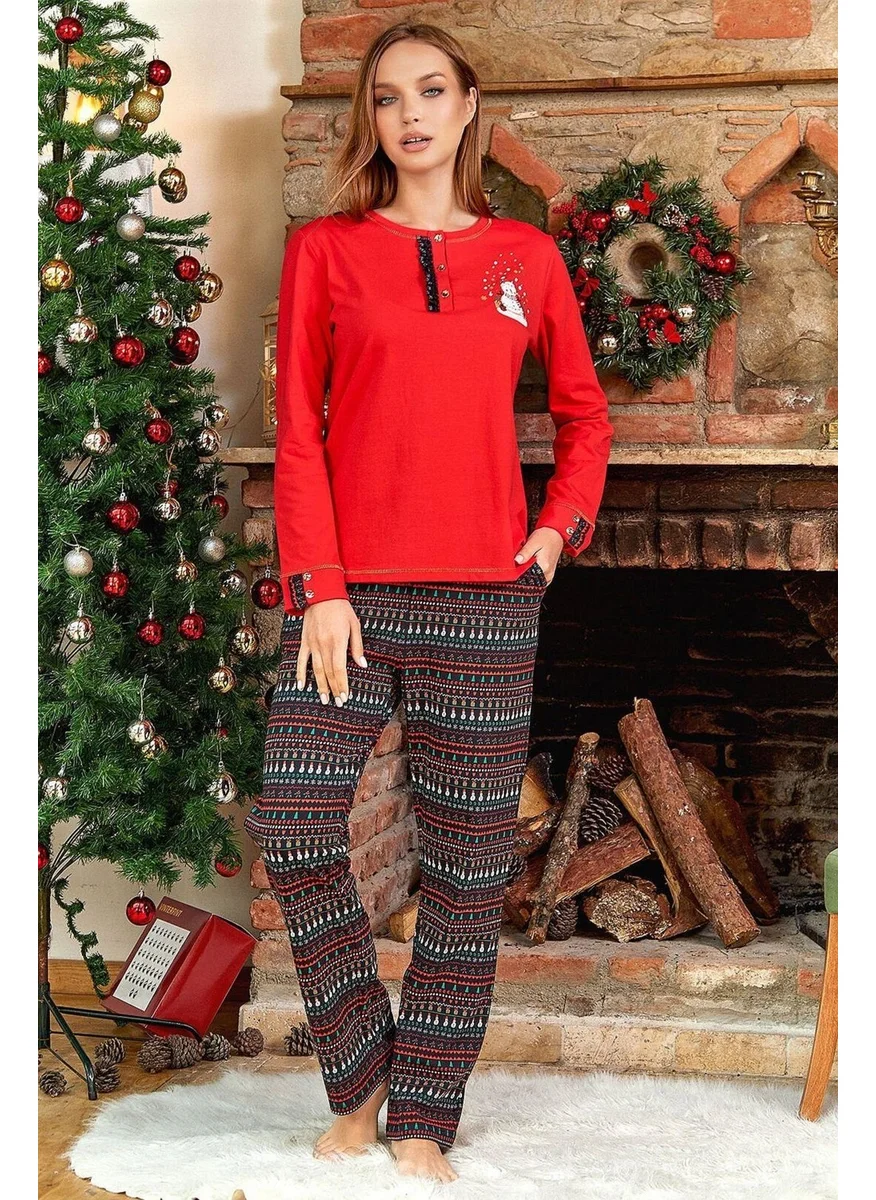 Cossy By Aqua 24031 Women's Themed Long Sleeve Pajama Set-Red