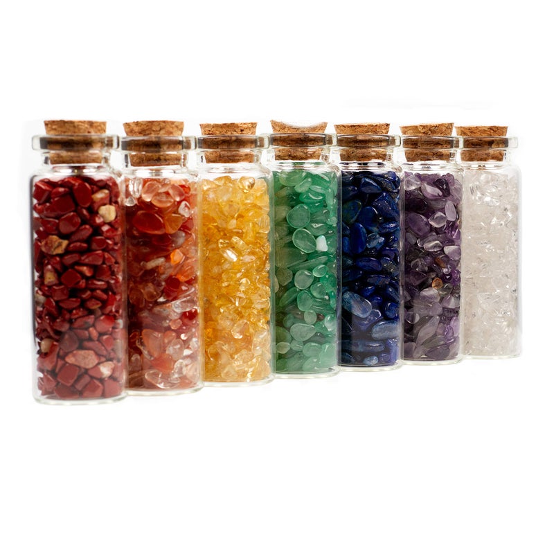 Cherry Tree Collection Crystals and Healing Stones Chakra Set  Mini Glass Bottles with Gemstone Chips  7 Chakra Stones  Real Rocks and Crystals