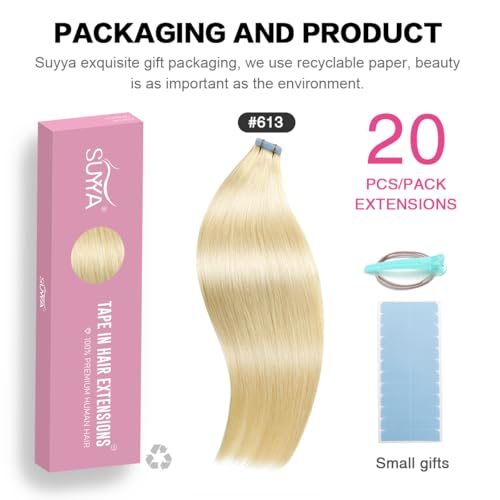 SUYYA Tape in Hair Extensions Bleach Blonde 100 Real Human Hair 20 inches 20pcs 50gpack Straight Seamless Skin Weft Tape in Human Hair Extensions Blonde20 inches 613 Bleach Blonde - Image 5