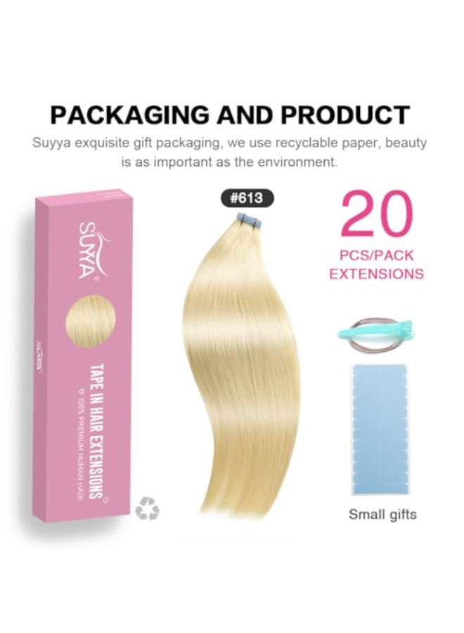 SUYYA Tape in Hair Extensions Bleach Blonde 100 Real Human Hair 20 inches 20pcs 50gpack Straight Seamless Skin Weft Tape in Human Hair Extensions Blonde20 inches 613 Bleach Blonde - Image 4