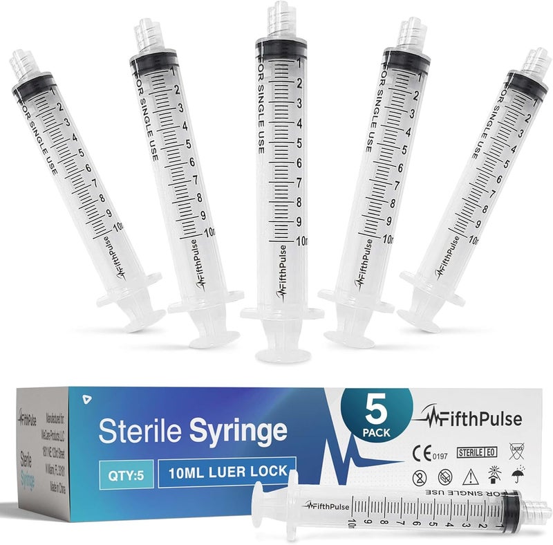 FifthPulse 10 ml Syringe without Needle - 5 Pack of Individually Wrapped Disposable Syringes - Good for Medical, Scientific Lab, Home Use, and More - Sterile Luer Lock Syringes Longevity upgraded craftsmanship - Image 1