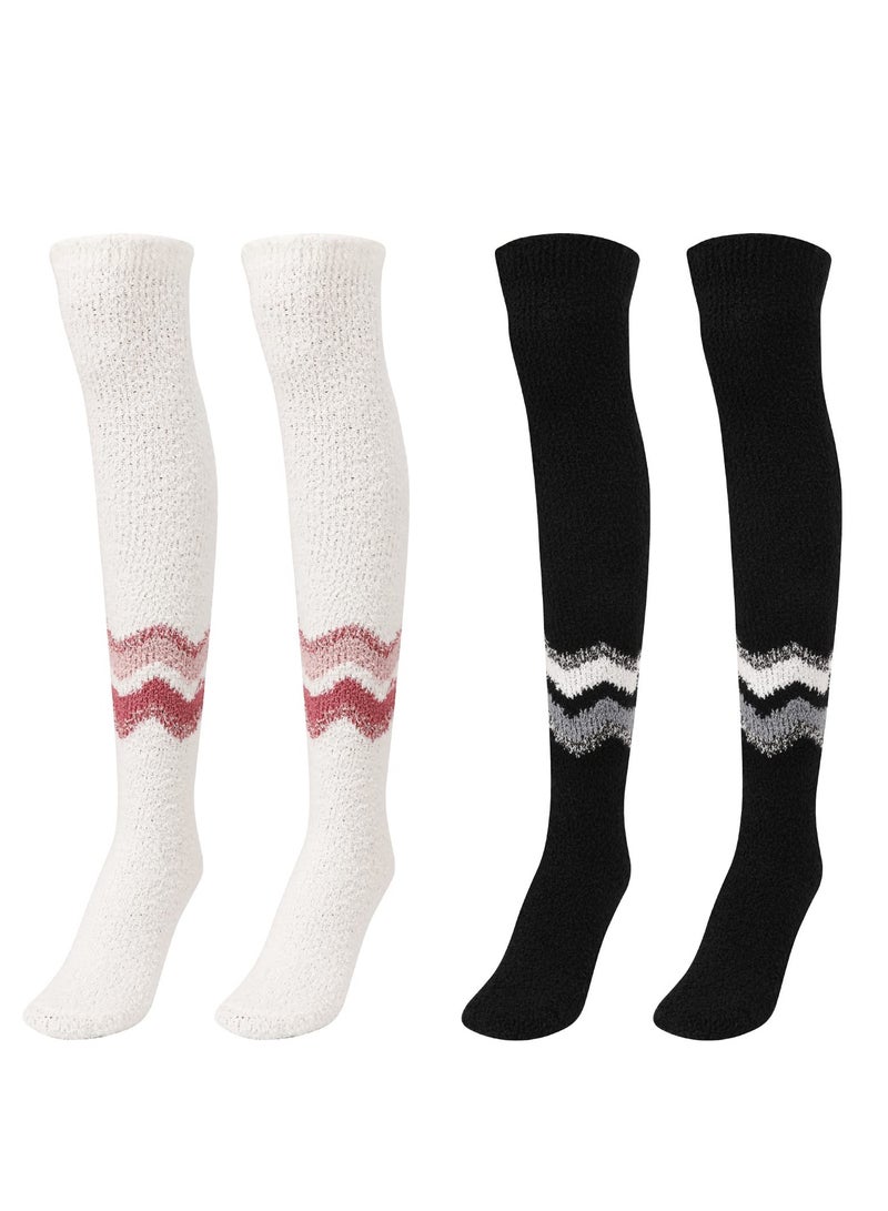SYOSI 2 Pairs Coral Fleece Thigh High Socks, Fuzzy Socks, Women Fluffy Winter Socks, Over the Knee Stockings, Long Cosy Thermal Ladies Socks, Knee-High Socks for Most Women, Girls - Image 1