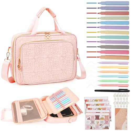 CTWWFS Bible Cover Case for Women Bible Study Kit with Highlighters Tabs, Large Bible Bag with Annotation Kit, Bible Carrying Case for Women with Shoulder Strap Church Bags with Journaling Kit (Pink, Large) - Image 1