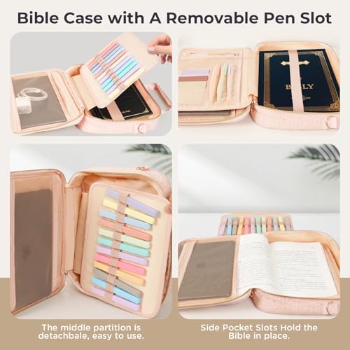 CTWWFS Bible Cover Case for Women Bible Study Kit with Highlighters Tabs, Large Bible Bag with Annotation Kit, Bible Carrying Case for Women with Shoulder Strap Church Bags with Journaling Kit (Pink, Large) - Image 2