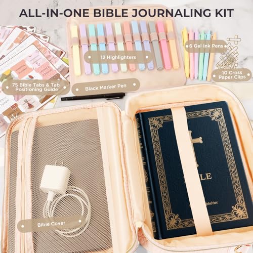 CTWWFS Bible Cover Case for Women Bible Study Kit with Highlighters Tabs, Large Bible Bag with Annotation Kit, Bible Carrying Case for Women with Shoulder Strap Church Bags with Journaling Kit (Pink, Large) - Image 3