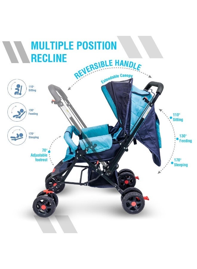 Bey Bee BeyBee Baby Stroller/Pram for 0 to 3 Years, New Born/Toddler/Kid, 5 Point Safety Harness, Adjustable backrest, 360° Swivel Wheel, Large Storage Basket, Reversible Handlebar (Blue) - Image 4