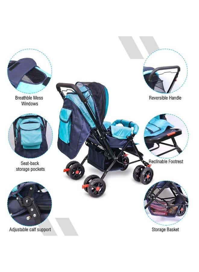 Bey Bee BeyBee Baby Stroller/Pram for 0 to 3 Years, New Born/Toddler/Kid, 5 Point Safety Harness, Adjustable backrest, 360° Swivel Wheel, Large Storage Basket, Reversible Handlebar (Blue) - Image 2