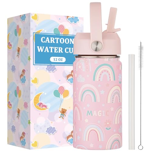 CUXFLS Kids Water Bottle with Straw Lid-12 oz Insulated Stainless Steel Thermal Cup, Leakproof Wide Mouth Sports Bottle Keeps Cold 12H & Hot 6H for Gym Office Outdoor - Image 1