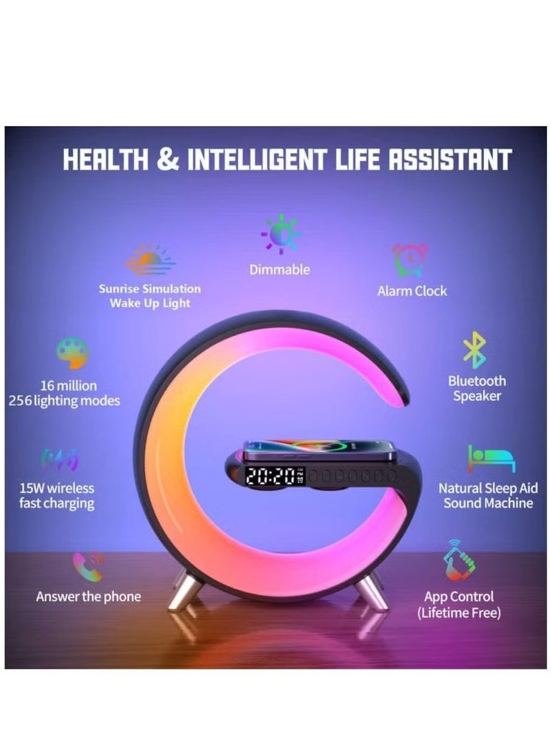 Raxoom Wireless Charger Atmosphere Lamp, Portable LED Bluetooth Speaker Wireless Charger with Desk Lamp Bedside RGB Night Light, App Control Mini Music Lamp Digital Alarm Clock Speaker - Image 2