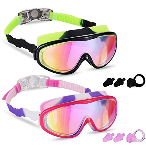 Young4us 2 Pack Kids Swim Goggles, UV Protection, Anti Fog Swimming Glasses for Children from 3 to 15 Years Old, Black/Green & White/Pink/Purple, - Image 1