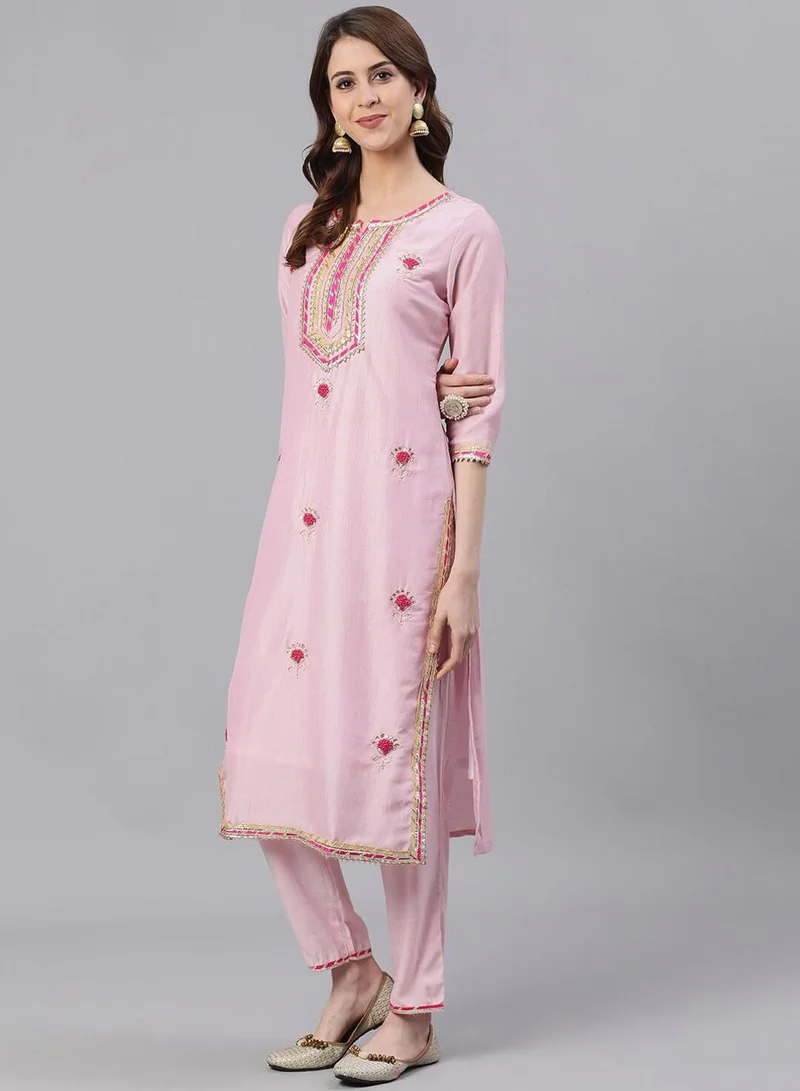 ISHIN  Women Pink Embroidered Kurta with Trousers Dupatta for Women | Best Price UAE