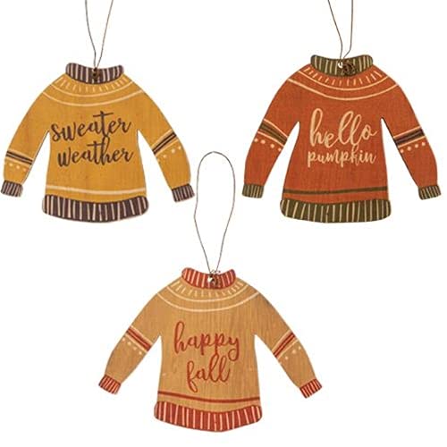 Hearthside Set of 3 - Fall Wood Sweater Hanging Ornaments - Fall Autumn Halloween Thanksgiving - Hello Pumpkin  Sweater Weather  Happy Fall - Country Farmhouse Rustic Look