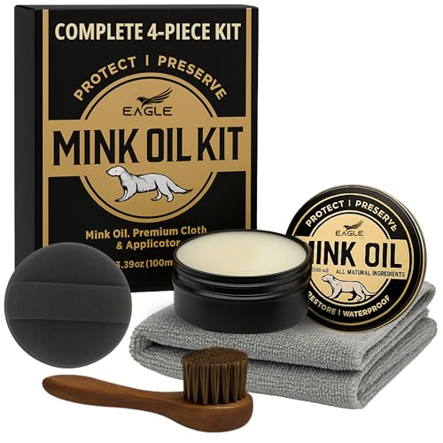 Eagle طقم مكيف جلد زيت المنك 4 في 1 – معجون مقاوم للماء بوزن 3.52 أونصة مع فرشاة شعر الحصان، إسفنجة وقماش ميكروفايبر – منظف ومُحافظ للجلد للأحذية، الأحذية، السترات، السروج والحقائب - Image 1