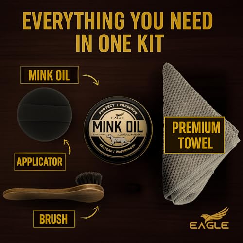 Eagle طقم مكيف جلد زيت المنك 4 في 1 – معجون مقاوم للماء بوزن 3.52 أونصة مع فرشاة شعر الحصان، إسفنجة وقماش ميكروفايبر – منظف ومُحافظ للجلد للأحذية، الأحذية، السترات، السروج والحقائب - Image 2