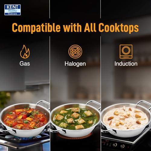 KENT Triply Kadai 26 Cm With Ss Lid 3.1 Liters|Cool-Touch Ss Hollow Cast Handle|Induction Friendly|Dishwasher Safe(Stainless Steel;Aluminium) - Image 3