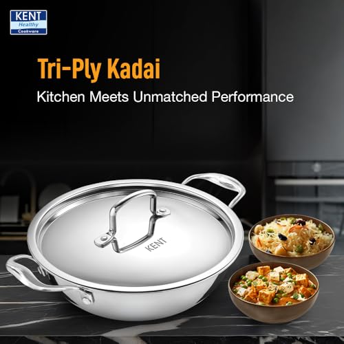 KENT Triply Kadai 26 Cm With Ss Lid 3.1 Liters|Cool-Touch Ss Hollow Cast Handle|Induction Friendly|Dishwasher Safe(Stainless Steel;Aluminium) - Image 2